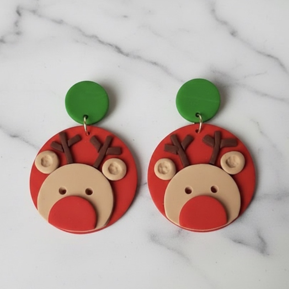 Christmas Reindeer Dangle - Handmade Earrings - Red/Green/Tan